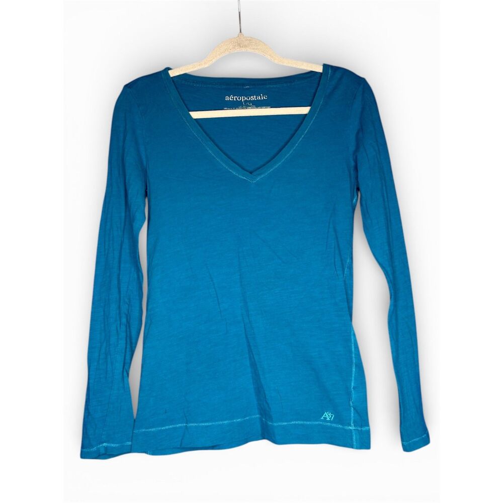 Aeropostale Women's Vintage Teal Y2K 2000s V-Neck Logo Long Sleeve Tee Retro L